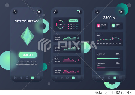 Cryptocurrency neumorphic elements kit for mobile app. Online banking, trading tools, data graph, growth or decline. UI, UX, GUI screens set. Vector illustration of templates in glassmorphic design 138252148