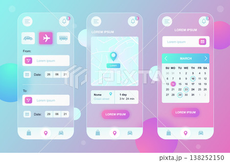 Delivery service neumorphic elements kit for mobile app. Tracking parcels on map, choosing type, date on calendar. UI, UX, GUI screens set. Vector illustration of templates in glassmorphic design Delivery service neumorphic elements kit for mobile app. Tracking parcels on map, choosing type, date on calendar. UI, UX, GUI screens set. Vector illustration of templates in glassmorphic design 138252150