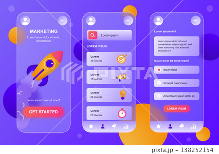 Marketing neumorphic elements kit for mobile app. Professional courses, targeting, attract clients, business promotion. UI, UX, GUI screens set. Vector illustration of templates in glassmorphic design 138252154