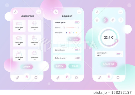 Smart home neumorphic elements kit for mobile app. Remote temperature control, light sensor settings, automation. UI, UX, GUI screens set. Vector illustration of templates in glassmorphic design 138252157