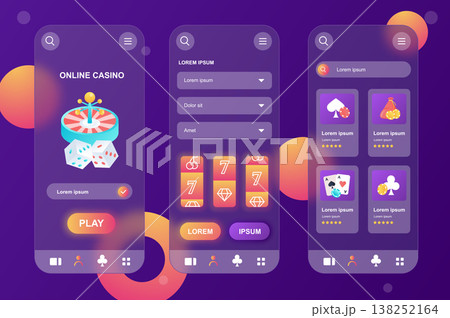 Online casino neumorphic elements kit for mobile app. Roulette game, hit the jackpot, gambling, slot machines, poker. UI, UX, GUI screens set. Vector illustration of templates in glassmorphic design 138252164