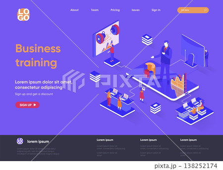 Business training isometric landing page. Business education, career development course, motivation and mentoring isometry web page. Website flat template, vector illustration with people characters. 138252174