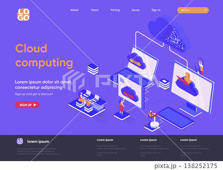 Cloud computing isometric landing page. Hosting platform, big data processing, cloud database administration isometry web page. Website flat template, vector illustration with people characters. Cloud computing isometric landing page. Hosting platform, big data processing, cloud database administration isometry web page. Website flat template, vector illustration with people characters. 138252175