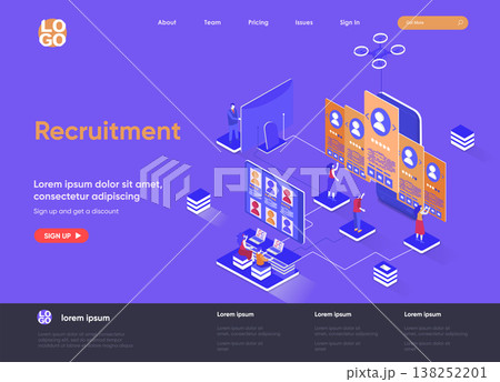 Recruitment isometric landing page. Human resource management and staff headhunting isometry web page. Website flat template. Studying resumes of candidates vector illustration with people characters. Recruitment isometric landing page. Human resource management and staff headhunting isometry web page. Website flat template. Studying resumes of candidates vector illustration with people characters. 138252201