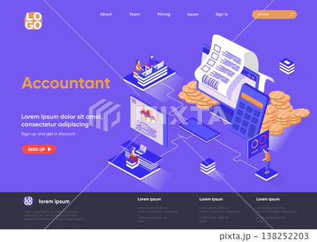 Accountant isometric landing page. Business accounting and financial statements, payment balance and taxes isometry web page. Website flat template, vector illustration with people characters. Accountant isometric landing page. Business accounting and financial statements, payment balance and taxes isometry web page. Website flat template, vector illustration with people characters. 138252203