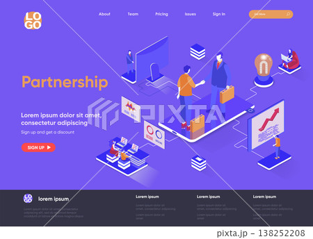 Partnership isometric landing page. Business collaboration, partners agreement, effective teamwork and communication isometry web page. Website flat vector illustration with people characters. Partnership isometric landing page. Business collaboration, partners agreement, effective teamwork and communication isometry web page. Website flat vector illustration with people characters. 138252208