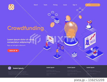Crowdfunding isometric landing page. Investment into idea or business startup isometry web page. Crowdfunding platform for money donation website template. Vector illustration with people characters. 138252209