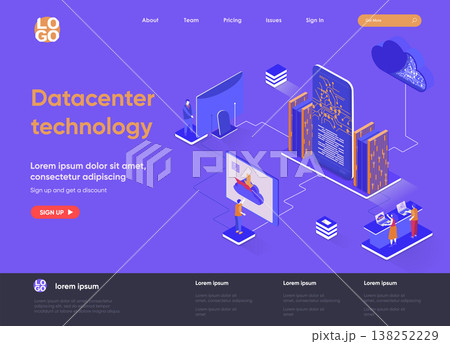 Data center technology isometric landing page. Internet hosting service isometry concept. Data center computing and networking equipment flat web page. Vector illustration with people characters. Data center technology isometric landing page. Internet hosting service isometry concept. Data center computing and networking equipment flat web page. Vector illustration with people characters. 138252229