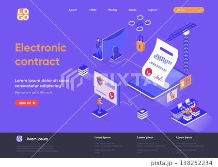 Electronic contract isometric landing page design. Online sign contract or documents technology isometry concept. Digital signature solution flat web page. Vector illustration with people characters. Electronic contract isometric landing page design. Online sign contract or documents technology isometry concept. Digital signature solution flat web page. Vector illustration with people characters. 138252234