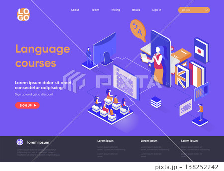 Language courses isometric landing page. Online language tutors, teaching service isometry concept. E-learning platform, distance education flat web page. Vector illustration with people characters. Language courses isometric landing page. Online language tutors, teaching service isometry concept. E-learning platform, distance education flat web page. Vector illustration with people characters. 138252242