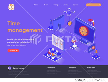 Time management isometric landing page. Effective planning workflow and performing tasks isometry concept. Adherence to deadlines, high work productivity. Vector illustration with people characters. Time management isometric landing page. Effective planning workflow and performing tasks isometry concept. Adherence to deadlines, high work productivity. Vector illustration with people characters. 138252309