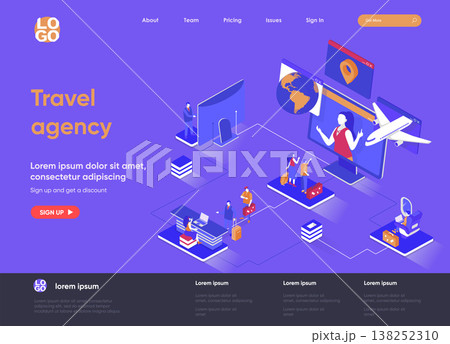 Travel agency isometric landing page. Online booking service, comfortable air transportation, airport boarding isometry concept. Tour operator flat web page. Vector illustration with people characters 138252310