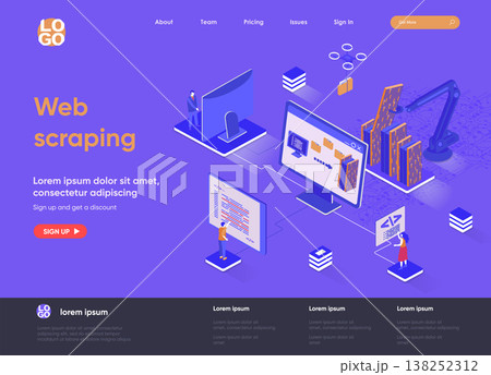 Web scraping isometric landing page. Process of automatic collecting and parsing raw data from web isometry concept. Data extraction software flat design. Vector illustration with people characters. 138252312