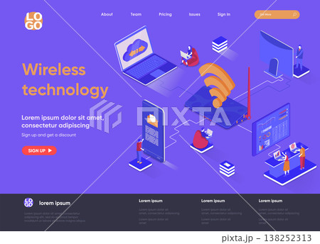Wireless technology isometric landing page. WiFi network communication, Internet sharing isometry concept. Various gadgets network connection flat web page. Vector illustration with people characters. 138252313