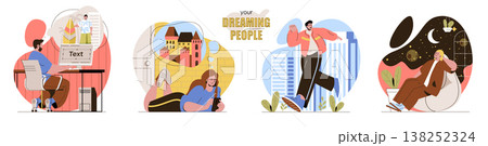 Your Dreaming People concept scenes set. Men and women think of rest, travel, free imaginations, escape from routine. Collection of human activities. Vector illustration of characters in flat design Your Dreaming People concept scenes set. Men and women think of rest, travel, free imaginations, escape from routine. Collection of human activities. Vector illustration of characters in flat design 138252324