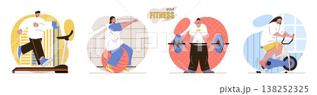 Your Fitness concept scenes set. Men and women work out in gym, run on treadmill, exercise with fitball, lift barbell. Collection of people activities. Vector illustration of characters in flat design Your Fitness concept scenes set. Men and women work out in gym, run on treadmill, exercise with fitball, lift barbell. Collection of people activities. Vector illustration of characters in flat design 138252325