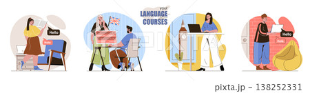 Your Language Course concept scenes set. Students learn English in classroom, study with tutor, work at workshops. Collection of people activities. Vector illustration of characters in flat design Your Language Course concept scenes set. Students learn English in classroom, study with tutor, work at workshops. Collection of people activities. Vector illustration of characters in flat design 138252331