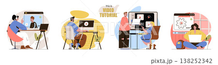 This is Video Tutorial concept scenes set. Men and women watching videos, learning online, training new skills. Collection of people activities. Vector illustration of characters in flat design This is Video Tutorial concept scenes set. Men and women watching videos, learning online, training new skills. Collection of people activities. Vector illustration of characters in flat design 138252342
