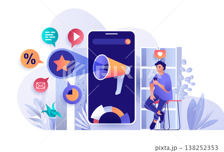 Mobile marketing concept in flat design. Promoting products or services scene template. Man makes advertising campaign, attracting new customers. Vector illustration of people characters activities Mobile marketing concept in flat design. Promoting products or services scene template. Man makes advertising campaign, attracting new customers. Vector illustration of people characters activities 138252353