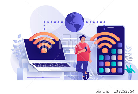 Wireless technology concept in flat design. Wifi communication of gadgets scene template. Man uses smartphone or laptop to access global Internet. Vector illustration of people characters activities 138252354