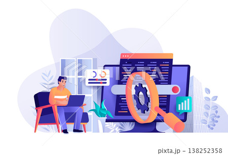 Seo optimization concept in flat design. Setting up search engine scene template. Man works on laptop, promotes website, increases traffic ranking. Vector illustration of people characters activities Seo optimization concept in flat design. Setting up search engine scene template. Man works on laptop, promotes website, increases traffic ranking. Vector illustration of people characters activities 138252358