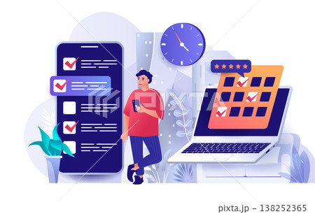 Planning concept in flat design. Time management scene template. Man organizes workflow, uses to-do lists, plans meetings on calendar, deadline. Vector illustration of people characters activities 138252365