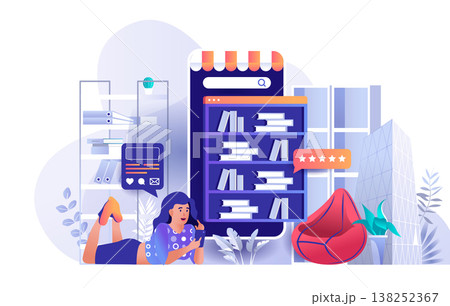 Online library concept in flat design. Bookshelves online store or e-books scene template. Woman reading from smartphone screen, education, leisure. Vector illustration of people characters activities 138252367