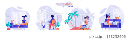 Freelance work concept scenes set. Woman working sitting on sofa or relaxing at resort, man working from home office. Collection of people activities. Vector illustration of characters in flat design Freelance work concept scenes set. Woman working sitting on sofa or relaxing at resort, man working from home office. Collection of people activities. Vector illustration of characters in flat design 138252406