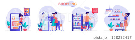 Shopping concept scenes set. Woman buys clothes online or in store, man buys cosmetics on supermarket shelves. Collection of people activities. Vector illustration of characters in flat design Shopping concept scenes set. Woman buys clothes online or in store, man buys cosmetics on supermarket shelves. Collection of people activities. Vector illustration of characters in flat design 138252417