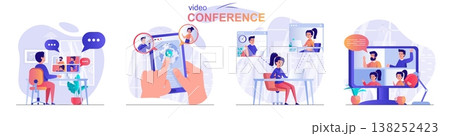 Video conference concept scenes set. Men and women calling via video communication, business meetings online. Collection of people activities. Vector illustration of characters in flat design Video conference concept scenes set. Men and women calling via video communication, business meetings online. Collection of people activities. Vector illustration of characters in flat design 138252423