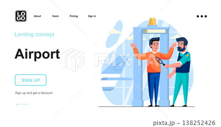 Airport web concept. Passenger checking at security metal detector gate before boarding plane. Template of people scenes. Vector illustration with character activities in flat design for website Airport web concept. Passenger checking at security metal detector gate before boarding plane. Template of people scenes. Vector illustration with character activities in flat design for website 138252426