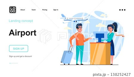 Airport web concept. Passenger check in registration at terminal counter before boarding plane. Template of people scenes. Vector illustration with character activities in flat design for website 138252427