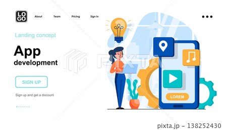 App development web concept. Woman developer creates mobile application or program interface. Template of people scenes. Vector illustration with character activities in flat design for website 138252430