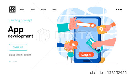 App development web concept. Developers create application interface, menu and service buttons. Template of people scenes. Vector illustration with character activities in flat design for website App development web concept. Developers create application interface, menu and service buttons. Template of people scenes. Vector illustration with character activities in flat design for website 138252433