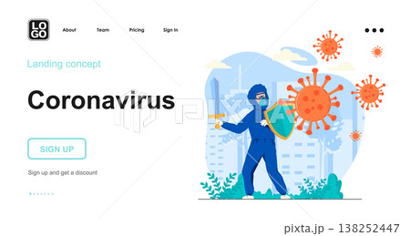 Coronavirus web concept. Medic in protective suit fights shield and sword with viral infection. Template of people scenes. Vector illustration with character activities in flat design for website Coronavirus web concept. Medic in protective suit fights shield and sword with viral infection. Template of people scenes. Vector illustration with character activities in flat design for website 138252447
