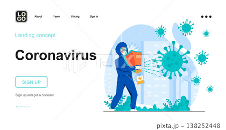 Coronavirus web concept. Medic in protective suit fights with viral infection using disinfection. Template of people scenes. Vector illustration with character activities in flat design for website 138252448