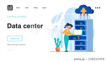 Data center web concept. Datacenter with equipment, server room with hardware, cloud computing. Template of people scenes. Vector illustration with character activities in flat design for website Data center web concept. Datacenter with equipment, server room with hardware, cloud computing. Template of people scenes. Vector illustration with character activities in flat design for website 138252459