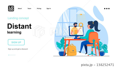 Distant learning web concept. Woman watching training video tutorial on computer, homeschooling. Template of people scenes. Vector illustration with character activities in flat design for website Distant learning web concept. Woman watching training video tutorial on computer, homeschooling. Template of people scenes. Vector illustration with character activities in flat design for website 138252471