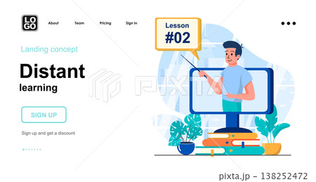 Distant learning web concept. Online education and homeschooling, watch training tutorial at home. Template of people scenes. Vector illustration with character activities in flat design for website 138252472