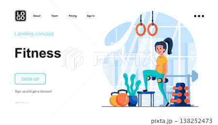 Fitness web concept. Woman exercising with dumbbells in gym, strength training, healthy lifestyle. Template of people scenes. Vector illustration with character activities in flat design for website 138252473