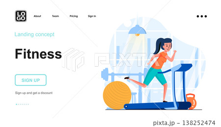 Fitness training web concept. Woman jogging on treadmill in gym, cardio training, healthy lifestyle. Template of people scenes. Vector illustration with character activities in flat design for website 138252474