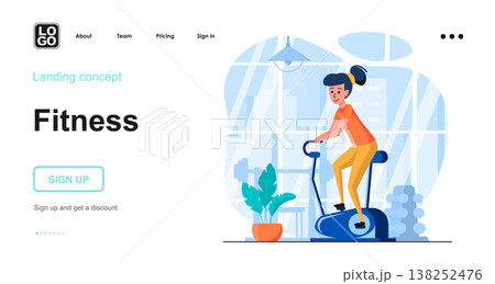 Fitness web concept. Woman exercising on sports machine in gym, doing cardio workout, training. Template of people scenes. Vector illustration with character activities in flat design for website 138252476