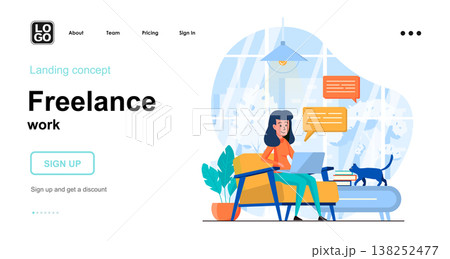 Freelance work web concept. Woman working on laptop from home office, freelancer or remote worker. Template of people scenes. Vector illustration with character activities in flat design for website 138252477