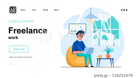 Freelance work web concept. Man working on laptop from home office, freelancer or remote worker. Template of people scenes. Vector illustration with character activities in flat design for website Freelance work web concept. Man working on laptop from home office, freelancer or remote worker. Template of people scenes. Vector illustration with character activities in flat design for website 138252479