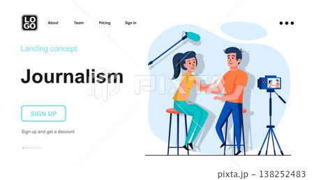 Journalism web concept. Recording of interview program, man and woman broadcasting live tv show. Template of people scenes. Vector illustration with character activities in flat design for website Journalism web concept. Recording of interview program, man and woman broadcasting live tv show. Template of people scenes. Vector illustration with character activities in flat design for website 138252483