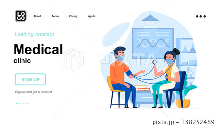 Medical clinic web concept. Nurse measures blood pressure to patient, diagnostics, health checkup. Template of people scenes. Vector illustration with character activities in flat design for website Medical clinic web concept. Nurse measures blood pressure to patient, diagnostics, health checkup. Template of people scenes. Vector illustration with character activities in flat design for website 138252489
