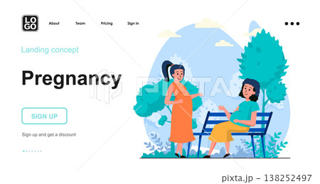 Pregnancy web concept. Pregnant women walk together in city park, motherhood and expecting newborn. Template of people scenes. Vector illustration with character activities in flat design for website 138252497