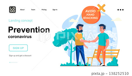 Prevention coronavirus web concept. Men must avoid hand shaking and practicing social distance. Template of people scenes. Vector illustration with character activities in flat design for website 138252510