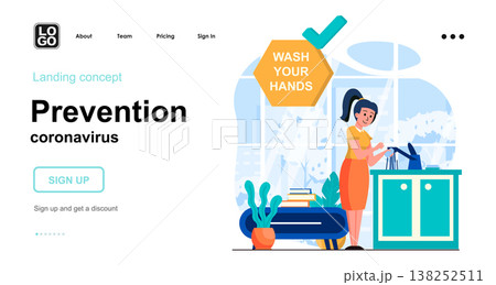 Prevention coronavirus web concept. Woman washing her hands with soap, simple hygiene procedures. Template of people scenes. Vector illustration with character activities in flat design for website 138252511