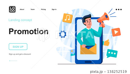 Promotion web concept. Mobile app advertising campaign, successful business communication strategy. Template of people scenes. Vector illustration with character activities in flat design for website Promotion web concept. Mobile app advertising campaign, successful business communication strategy. Template of people scenes. Vector illustration with character activities in flat design for website 138252519